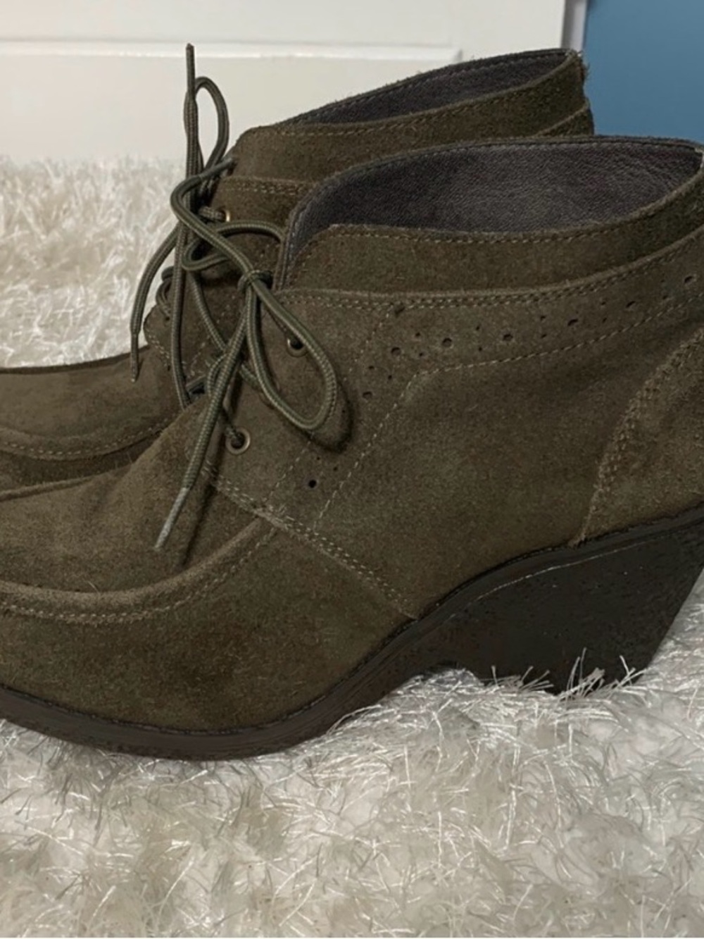 Bata Olive Green Suede Moc-Toe Wedge Booties EU 38 US 7.5